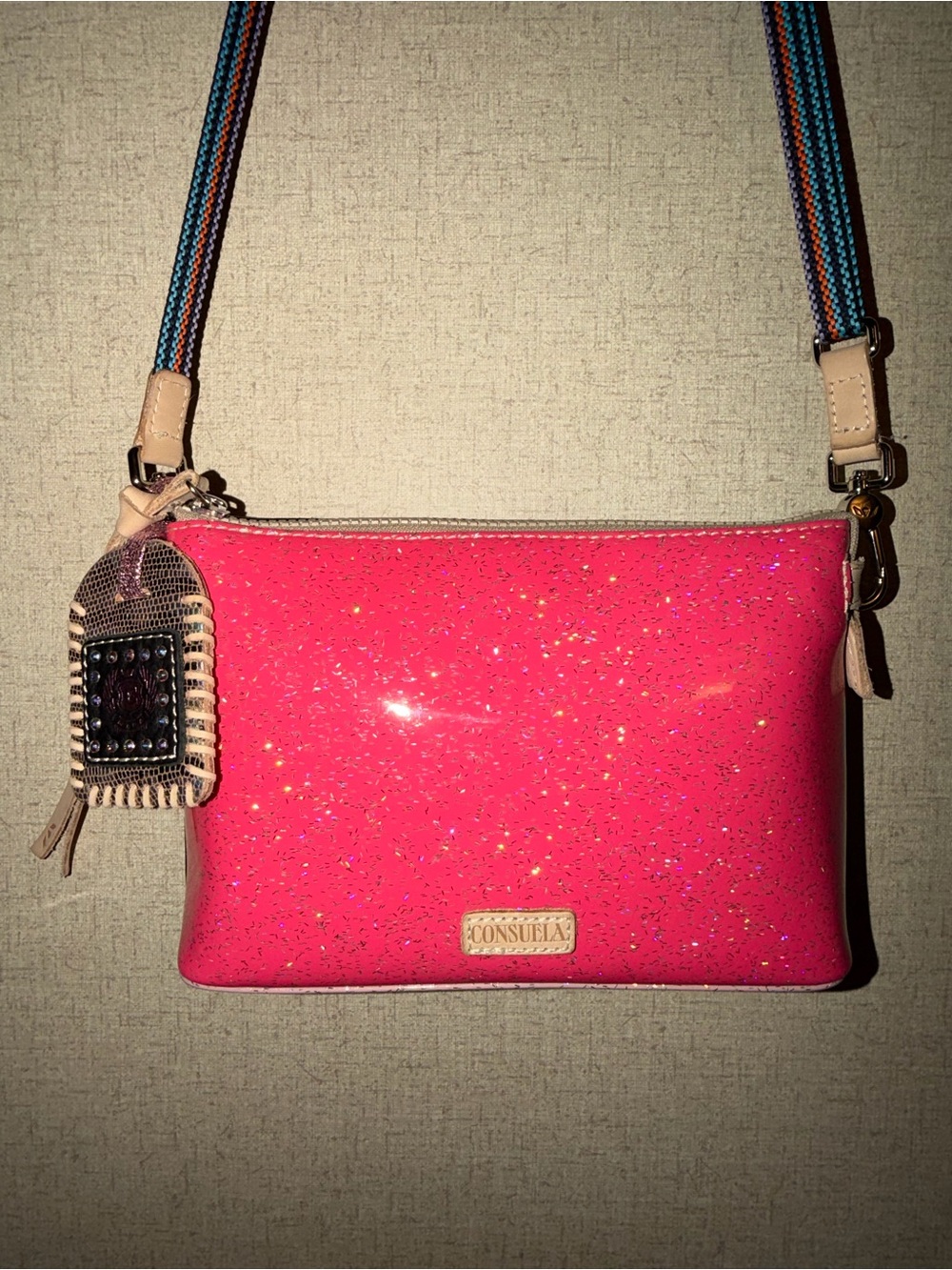 Consuela Bae Midtown Hot Pink/Black Glitter Crossbody Bag with Striped Strap